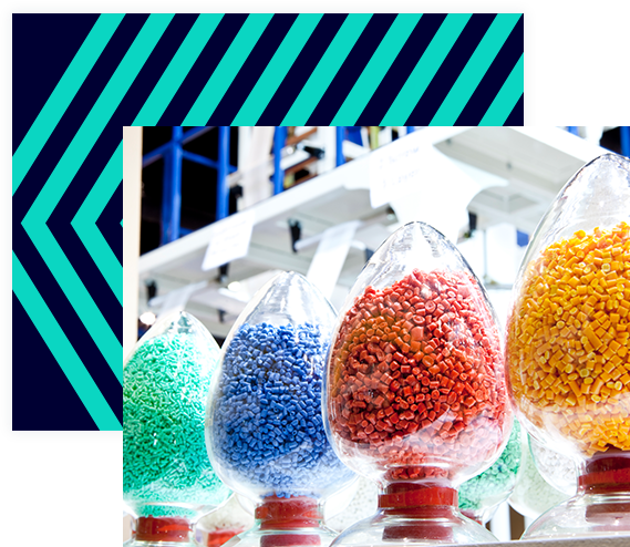 Colorful plastic pellets in clear containers